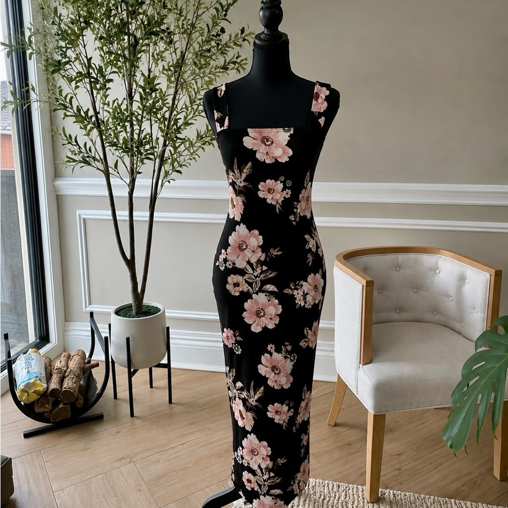 Black Floral Midi Dress – Size Small
